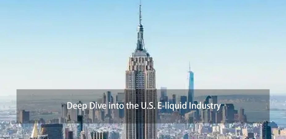 Skyline image featuring the Empire State Building with the title 'Deep Dive into the U.S. E-liquid Industry,' introducing an article exploring the U.S. market trends and regulations.