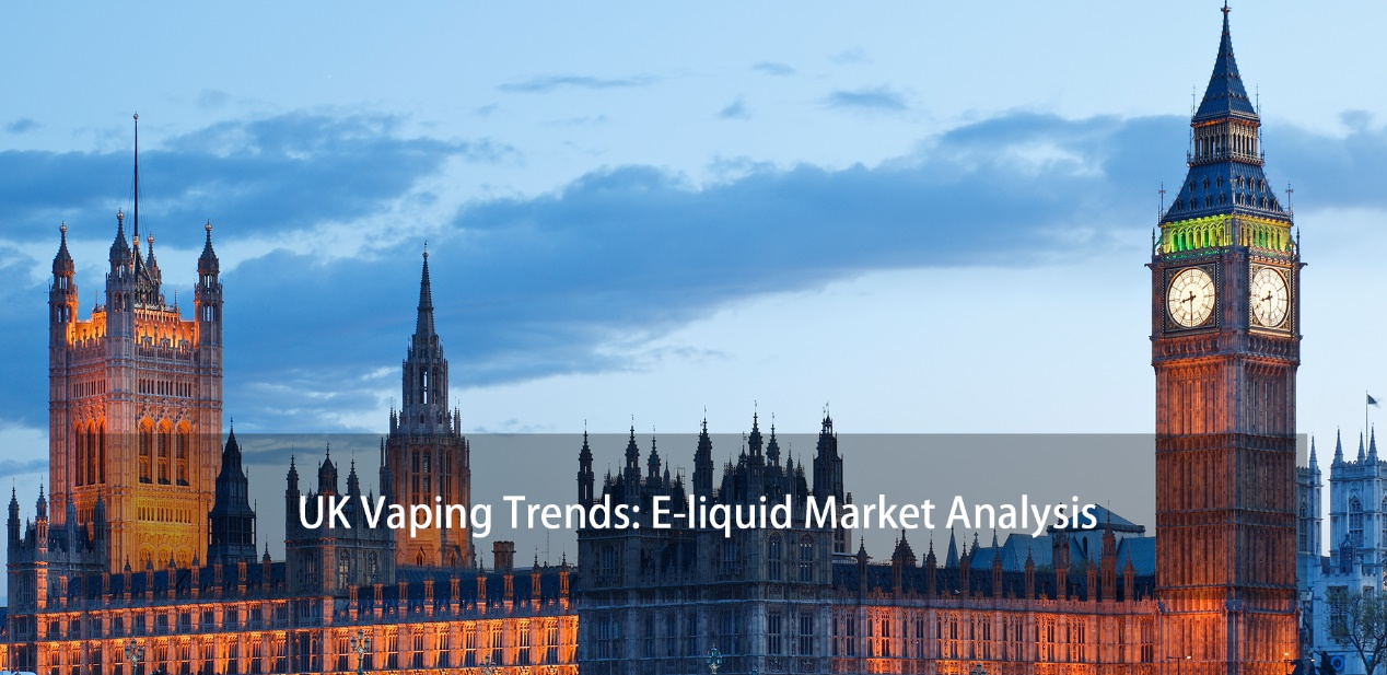 Image of the UK Parliament and Big Ben at dusk with the title 'UK Vaping Trends: E-liquid Market Analysis,' introducing an article exploring trends in the UK's vaping market.