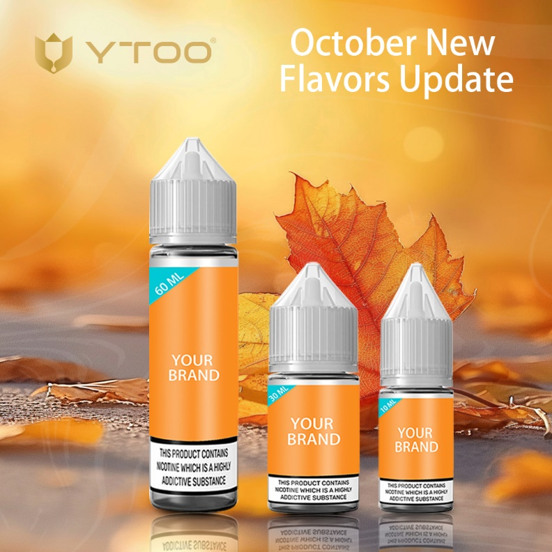 Image featuring e-liquid bottles labeled 'Your Brand' against an autumn background with leaves, introducing an update on seasonal e-liquid flavors.