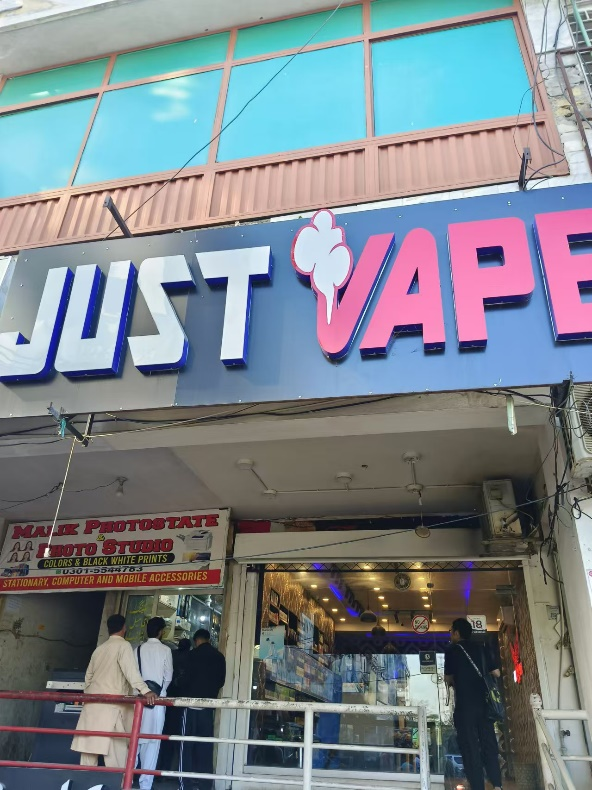Photo of the 'Just Vape' store in Pakistan, showcasing the local retail presence of vaping products in the market.