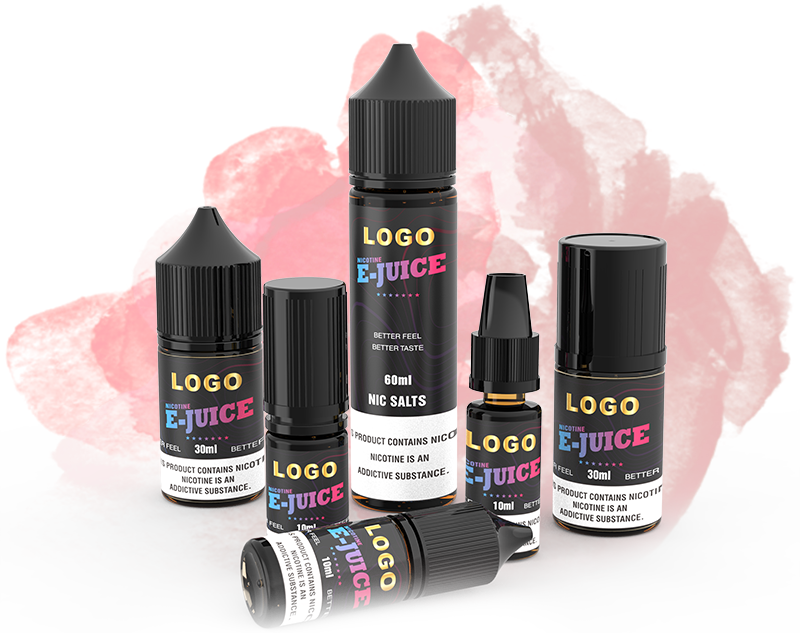 white-label-e-liquid-bottles. Assortment of e-liquid bottles labeled ‘Logo E-Juice’ with various sizes and nicotine options, set against a soft pink watercolor background, representing white-label e-liquid solutions.