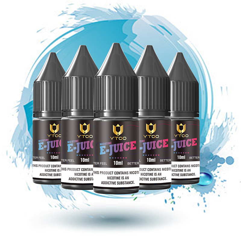 10ml-e-liquid-bottles-array. Row of six 10ml e-liquid bottles labeled ‘YTOO E-Juice,’ displayed against a blue artistic splash background, emphasizing high-quality white-label e-liquid packaging.