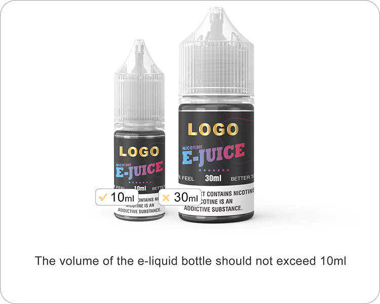 Comparison of 10ml and 30ml e-liquid bottles, emphasizing that the e-liquid bottle volume should not exceed 10ml as per regulations.