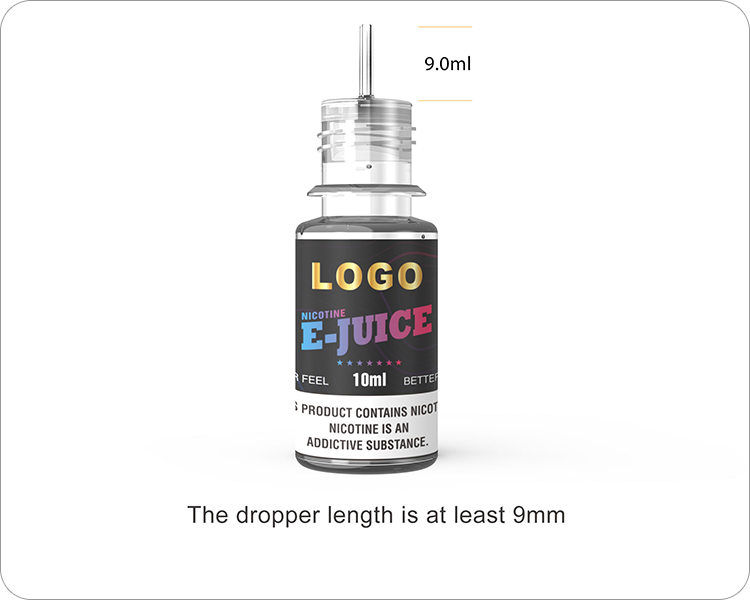 10ml e-liquid bottle with a dropper showing a minimum length of 9mm, highlighting compliance with regulatory standards.