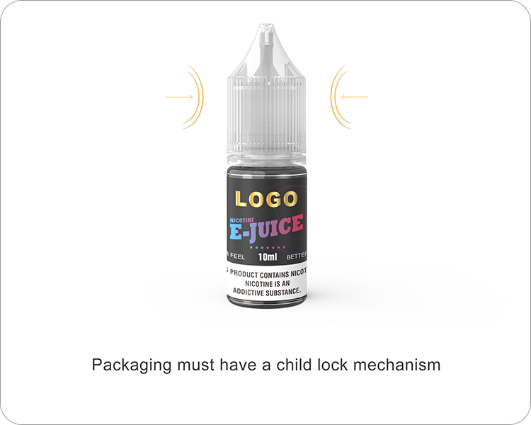 10ml e-liquid bottle with child lock mechanism, highlighting the regulatory requirement for child-safe packaging.