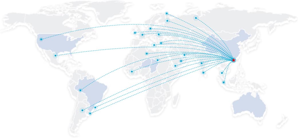 World map highlighting global distribution routes from a central hub in China, showcasing connections to North America, Europe, South America, and other regions.