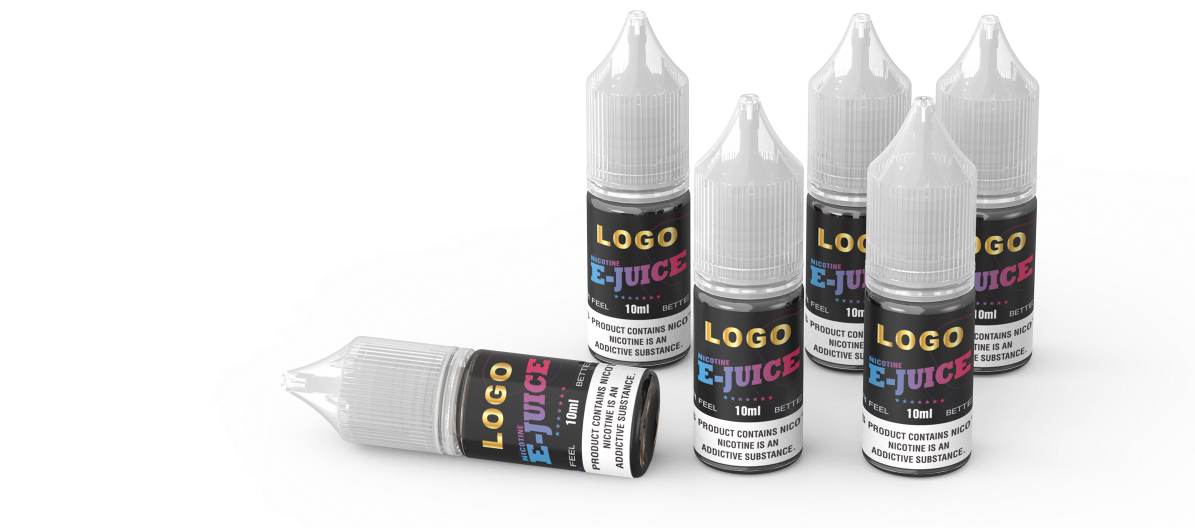 Free-sample-banner A set of neatly arranged 10ml e-liquid bottles with customizable labels, accompanied by a call-to-action button for requesting a free sample.